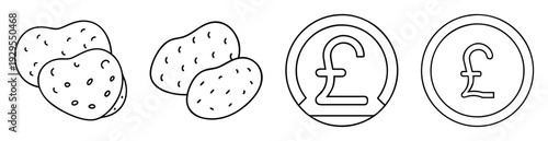 Black and white illustration of potatoes and British pound coins