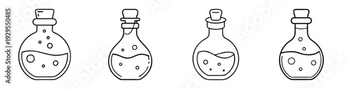 Four contour drawing potion vials with corks and bubbles floating inside