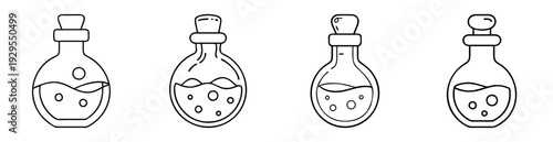 Four line art potion bottles with cork stoppers and bubbling liquids