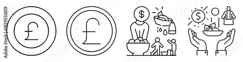 Depicts the British pound currency, wealth accumulation, business, and global economics