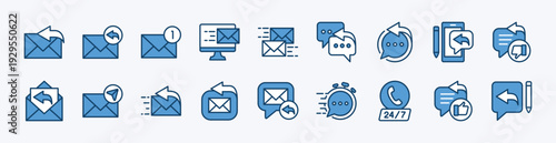 Set of response and reply icon. Contains Electronic mail, inbox, send, fast, 24 hours call center, write, read, good and bad for contact support and service - vector illustration