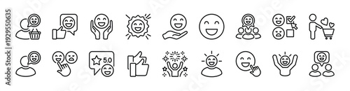 Customer feedback, satisfaction and experience icon set. Contains happy faces, smile, thumbs up, 5 stars rating review, celebrate, quality badge, survey, opinion, choose, testimonial for life events
