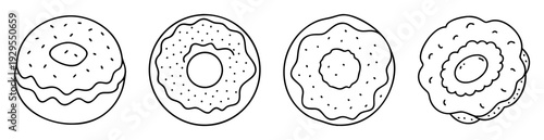 Outlined donuts with frosting and sprinkles, a variety of shapes and styles