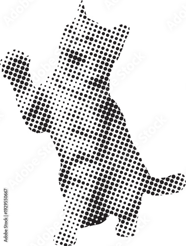 Domestic cat silhouette halftone pattern standing on hind legs with paw raised on checker
