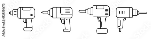 Vector drawing showcasing four distinct outline designs of power drills