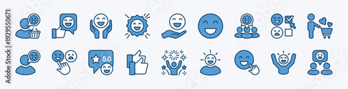 Set of customer feedback, satisfaction and experience icon. Contains happy faces, smile, thumbs up, 5 stars rating review, celebrate, quality badge, survey, opinion, choose, testimonial for life event