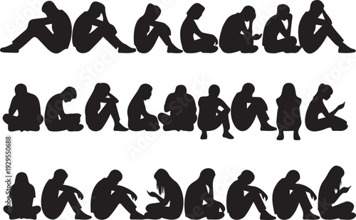 Lonely people silhouettes sitting in sad and depressed postures set