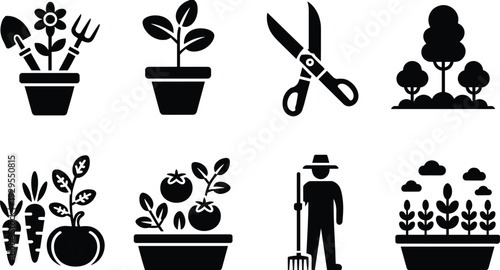 Gardening and farming icon set isolated on white background, agriculture tools and plants vector collection