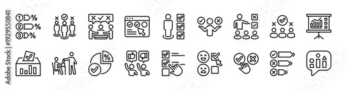 Poll and survey thin line icon set. Contains ballot, graphic, percentage, feedback, opinion, questionnaire, choice, data analysis, result, approval, vote, decide, select, approve - vector illustration
