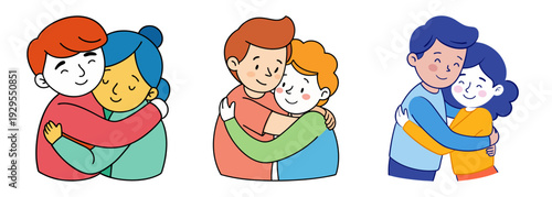 Three heartwarming hugs between people showing affection and care