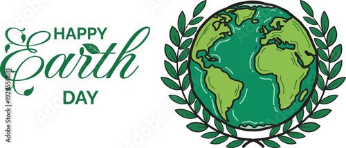 Earth Day Illustration with Globe, Laurel Wreath, and Decorative Typography Promoting Environmental Awareness.