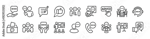 Advice, consultant, suggestion and proposal thin line icon set. Contains write, thumbs up, give, button, support, helpdesk, box, information, instruction, hot line, assistance - vector illustration