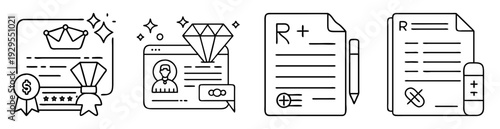 Linear set of icons representing quality, feedback, rating, and document correction