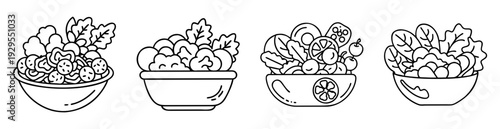 Line art salad bowls with various leafy greens and toppings drawing