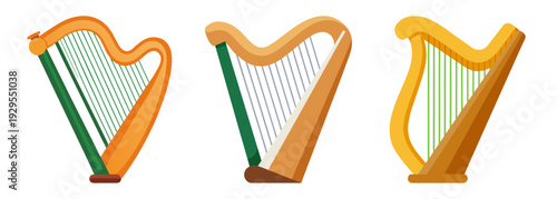 Three irish harps music instrument isolated on
