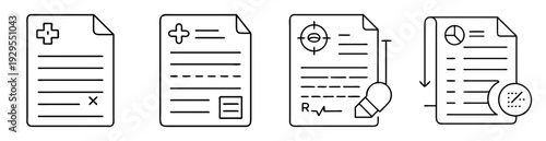 Collection of various medical documents represented with line drawings or icons