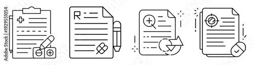 Medical documentation and record keeping presented as line drawing icons