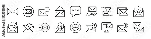 Social media message thin line icon set. Contains electronic mail, speech bubble, notification, inbox, open, write, send, reply, favorite button, information, contact, copy text - vector illustration