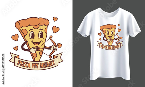 T- Shirt Design Retro Pizza Slice as Cupid Shooting Arrow, "Pizza My Heart" Isolated  illustration, transparent background