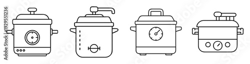 Four diverse outlined illustrations representing various pressure cookers and slow cookers