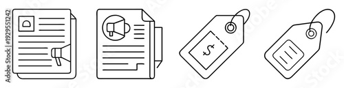 Vector illustration of different marketing documents with price tags and promotion elements