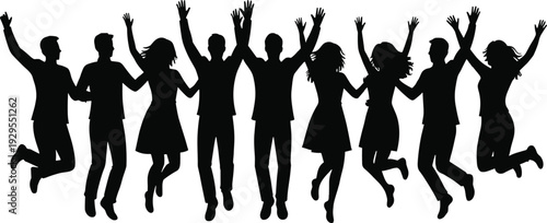 Silhouettes of diverse young people jumping with raised hands in celebration unity and freedom isolated on white background energetic teamwork concept happiness and friendship theme
