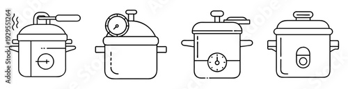 Four different vintage line art designs of pressure cookers and slow cookers