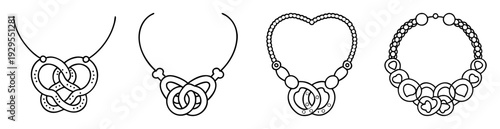 Four variations of beaded necklaces with decorative pretzel shaped pendant