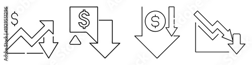 Illustrations representing economic decline, financial downturn, market crash, and business failure
