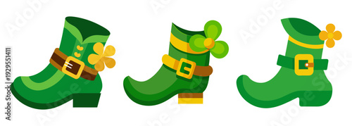 Three festive green leprechaun shoes with shamrocks and buckles