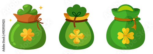 Three lucky leprechaun bags with gold clovers and ropes