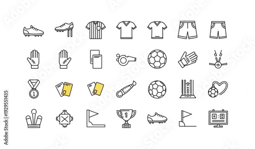 Soccer Black and White Outline Icon Set Football Equipment Collection Vector EPS 10