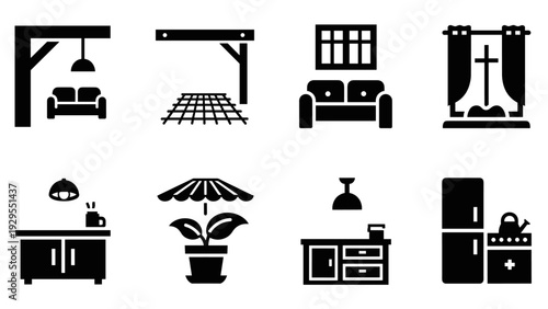 set of black silhouette home interior and furniture icons including sofa lamp plant kitchen and window