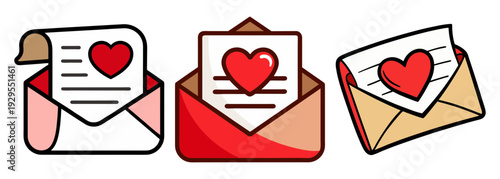 Three heart love letters with envelopes art elements