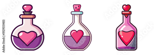 Three love potion bottles with hearts inside magical elixir