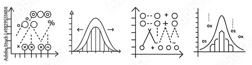 Four schematic diagrams depicting statistical distributions and data analysis concepts