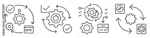 Flowchart illustrating the steps of a process using gear icons and arrows