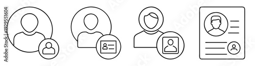 Different versions of profile icons with person and ID icons in black outline