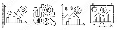 Various finance charts showing market trends and target achievement in business