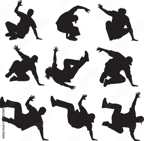 Breakdance people set. silhouette of dancers in various poses on transparent background