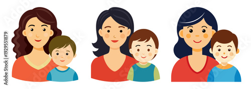 Three mothers with toddlers cartoon style simple artwork