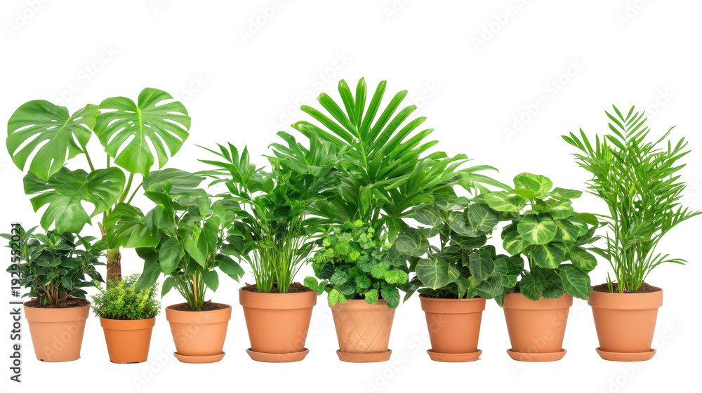 Obraz premium Potted Greenery Harmony: A curated selection of lush, vibrant potted plants in terracotta pots creates a symphony of greenery, bringing freshness and life into any space.