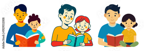 Parents and children enjoy reading books together happily