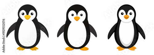 Three cute cartoon penguins standing together on a white surface