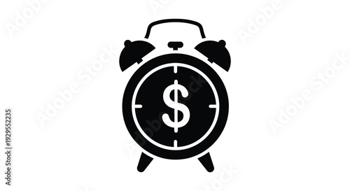 A stark black silhouette of an alarm clock with a dollar sign replacing the numbers symbolizing time is money silhouette