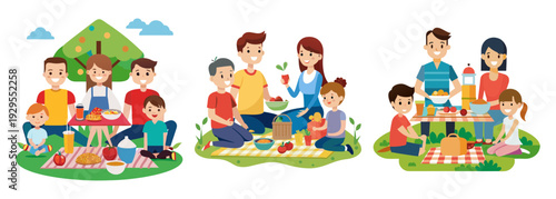 Happy family enjoying a cheerful picnic together in three scenes