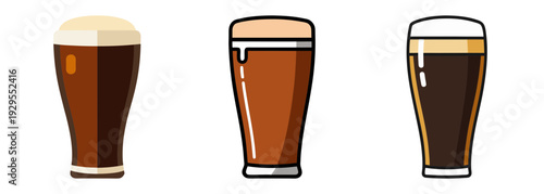 Three glasses of stout beer with creamy foam top pint