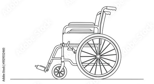Line drawing of a wheelchair shown in profile with large wheels and footrests