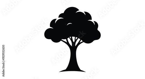 A strikingly simple black depiction of a full leafy tree against a bright white background a classic silhouette