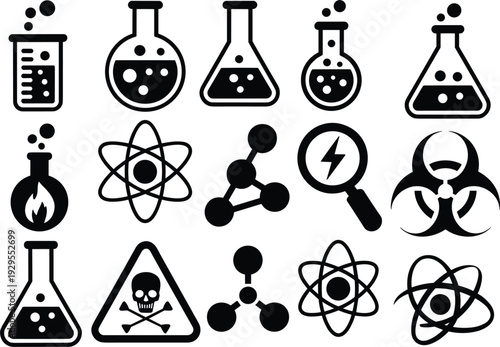 Collection Of Science And Chemistry Icons In Black And White laboratory beaker